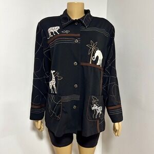 ALLISON DALEY Women 1X Black Safari Animal Embroidered Button Up Jacket Shirt